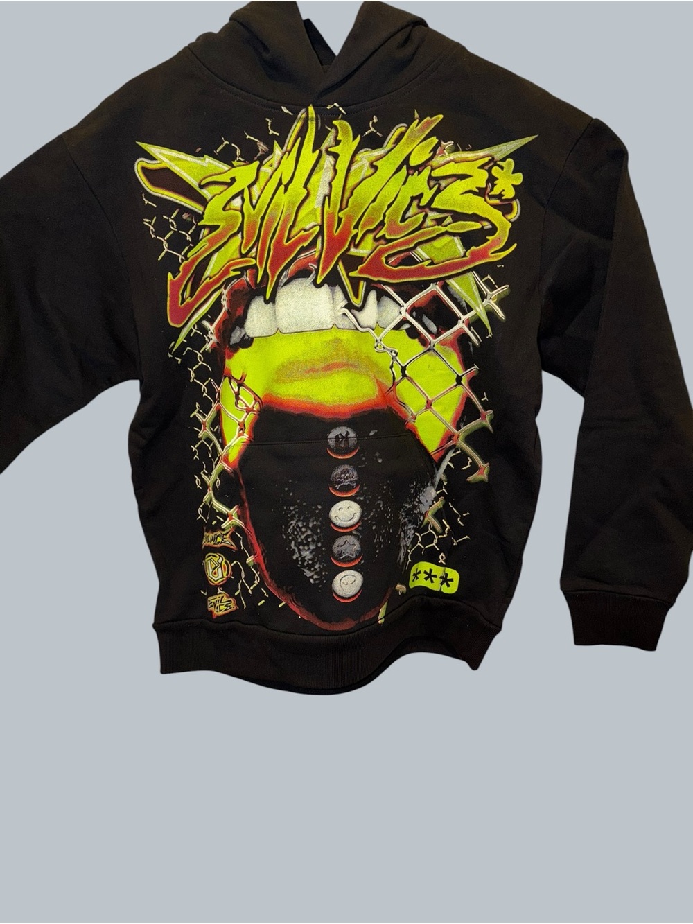 Evil vice Black Graphic Hoodie with Neon Yellow & Red Street Art Print size L